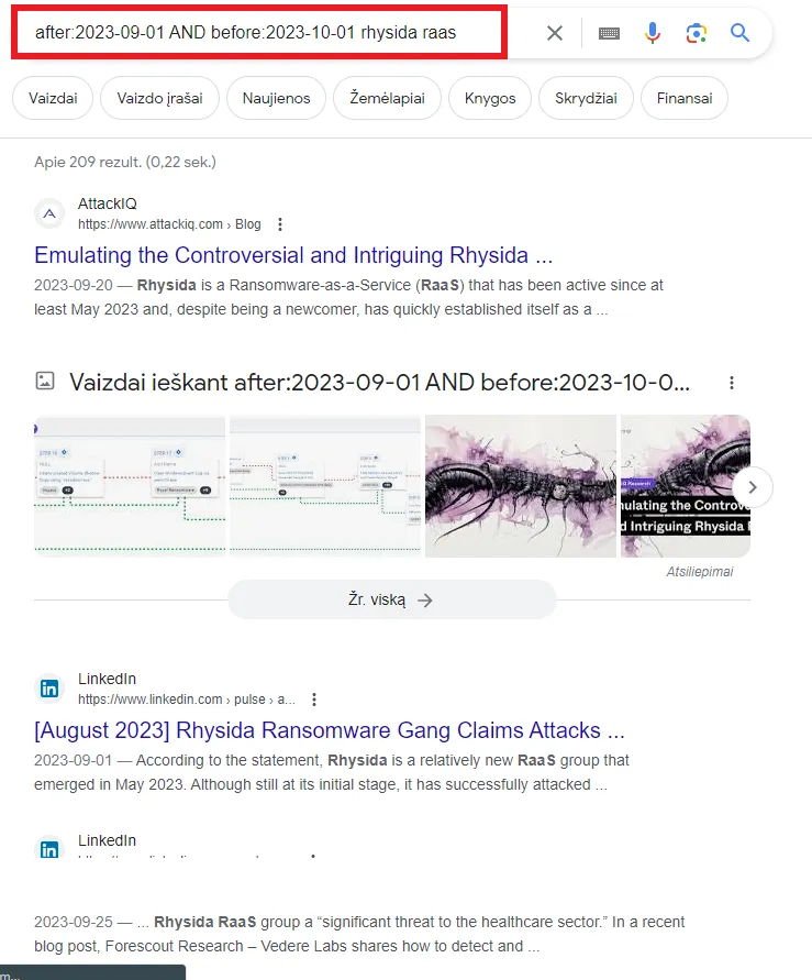 Google results with advanced search operators