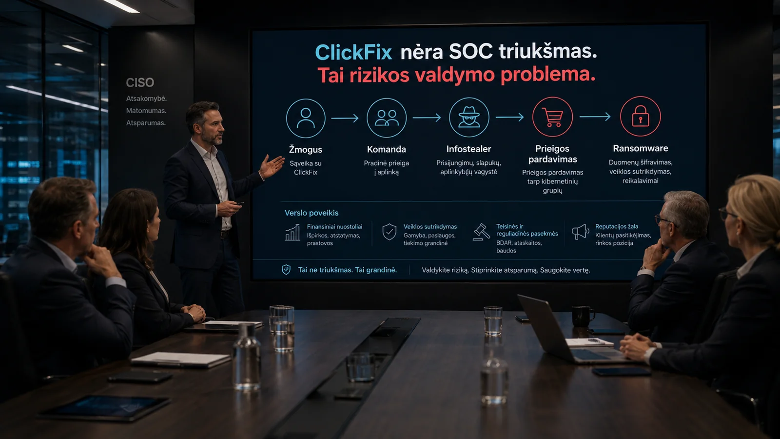 Diskusijos dalyviai nagrinėja, kodėl ClickFix yra prieigos kontrolės, o ne vien SOC problema.