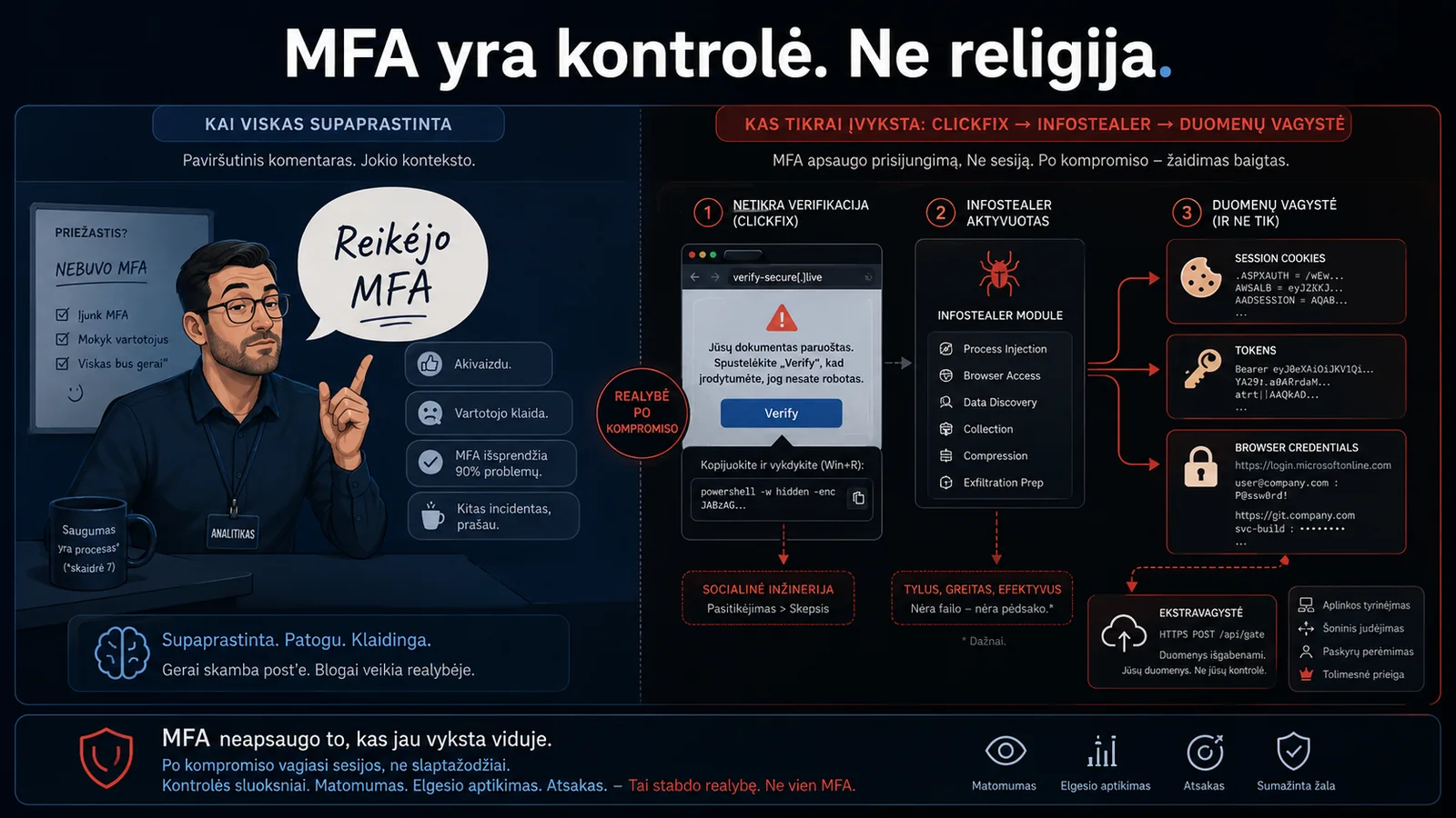 MFA ir perimtos sesijos palyginimas pabrėžia, kad autentifikavimas nėra absoliuti apsauga.