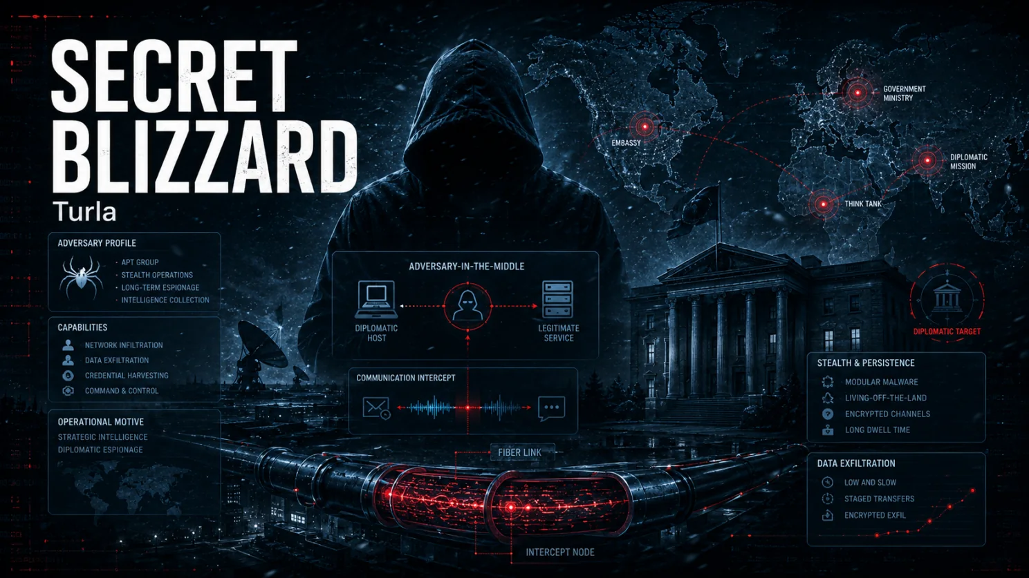 Secret Blizzard grėsmių grupės profilis su taikiniais ir veiklos regionais.