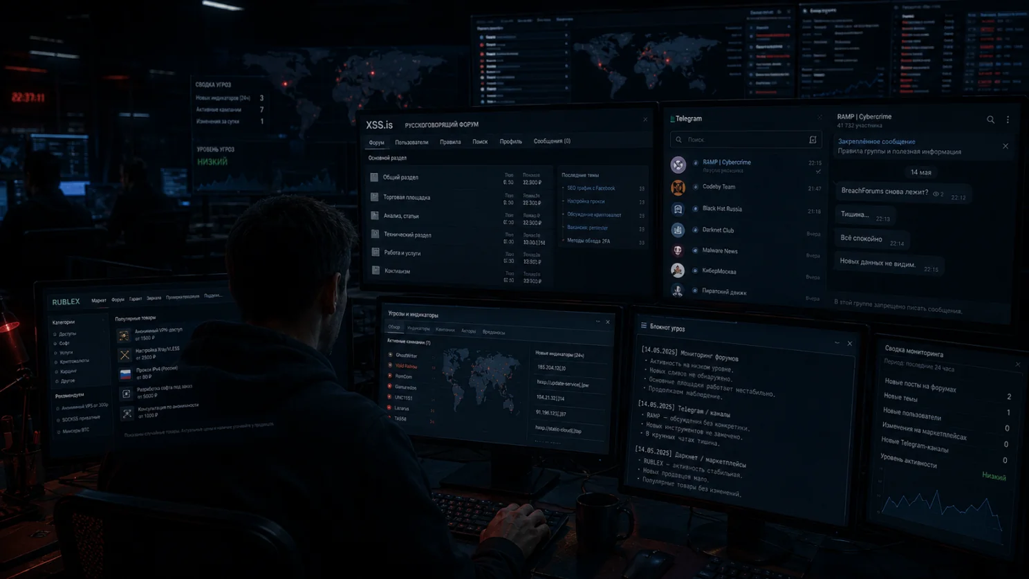 A researcher compares account, device, and network telemetry across several displays.