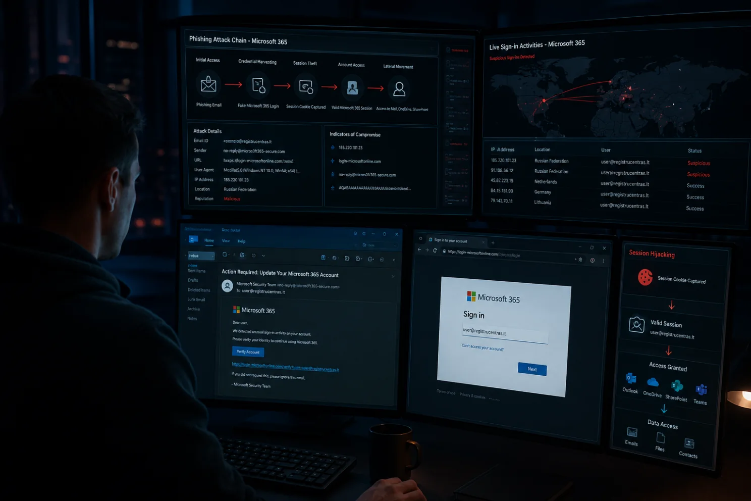 Sign-in and user-behaviour data are examined for signs of a stolen identity.