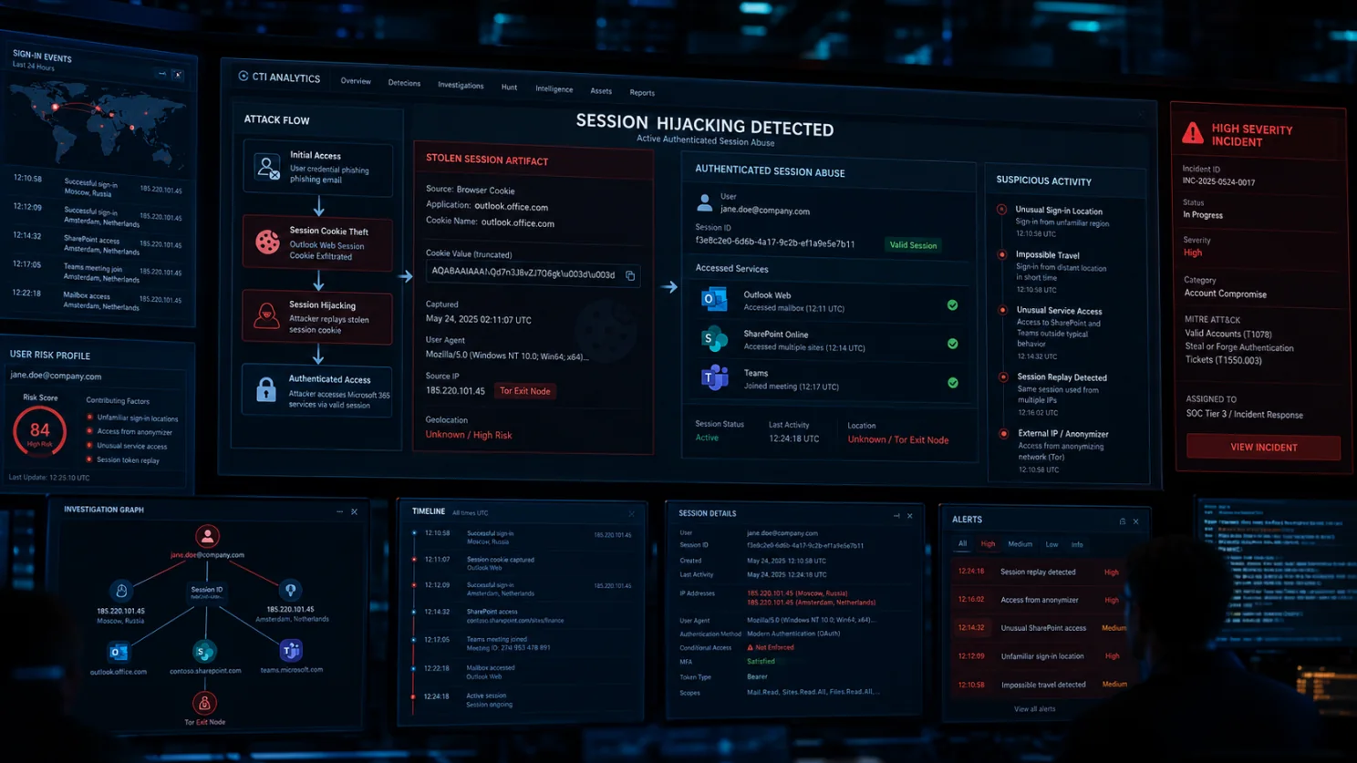 Session-hijacking detection dashboard highlights anomalous authenticated activity.