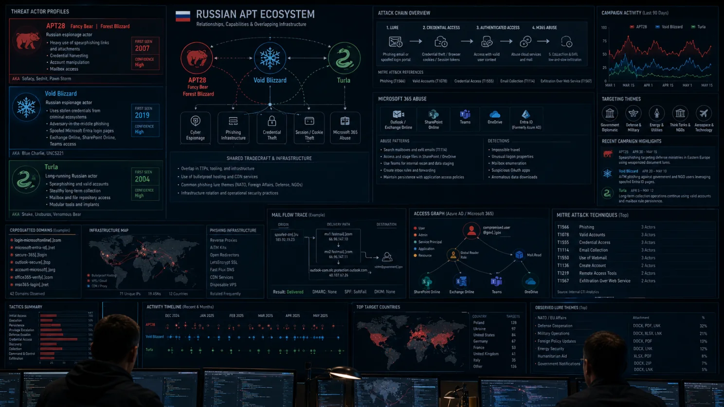 Identity-attack ecosystem connecting initial access, session, data, and impact.